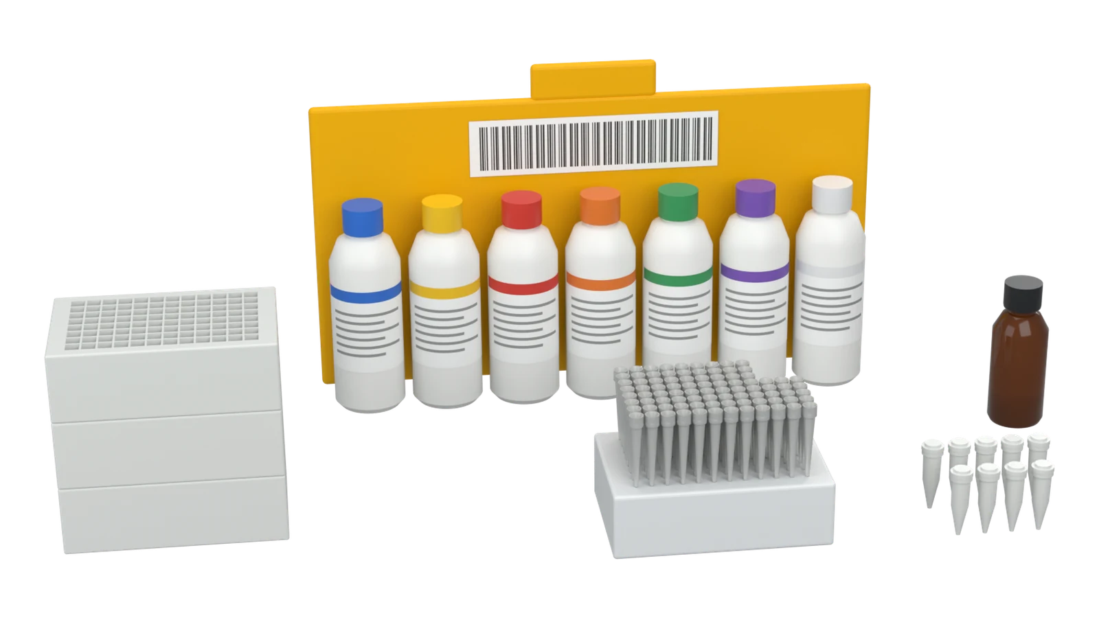 The BEXS 12 Ready DNA Bead Kit: seven buffer bottles on a yellow barcoded plate, magnetic bead suspension, deep well plates, tips and elution tubes