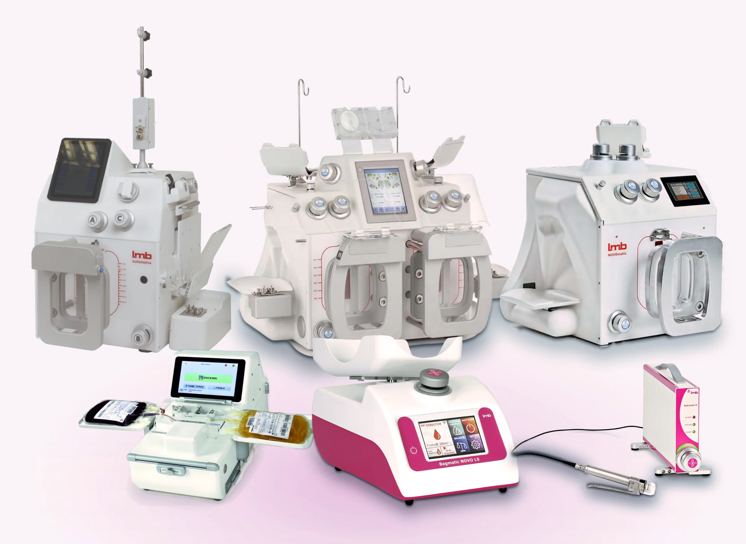 NOVOmatic, SuperNOVA and LUXOmatic V2 component extractors, a WELDmatic sterile tube welder, a tube sealer and a blood collection monitor, shown together