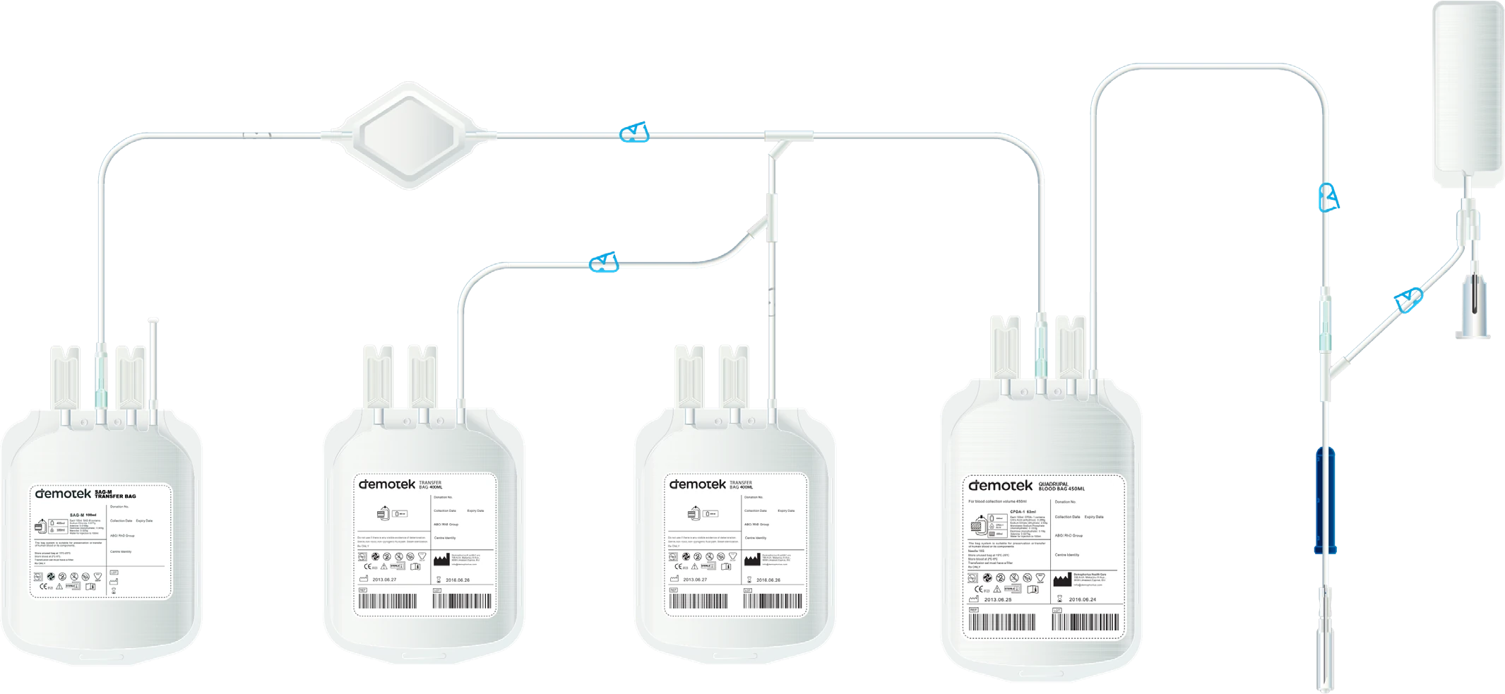 Quadruple blood bag set with an in-line red cell filter