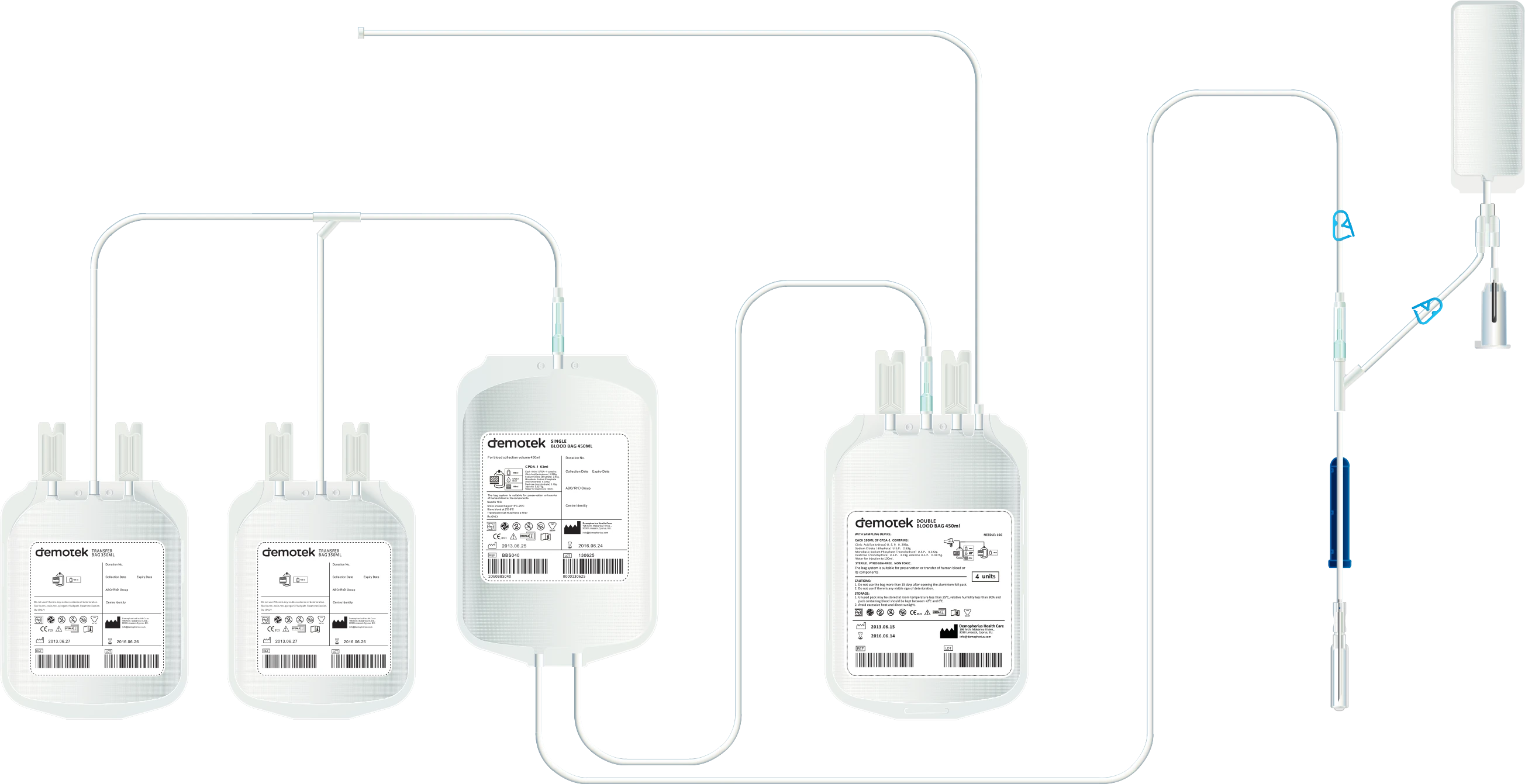 Quadruple top and bottom blood bag set