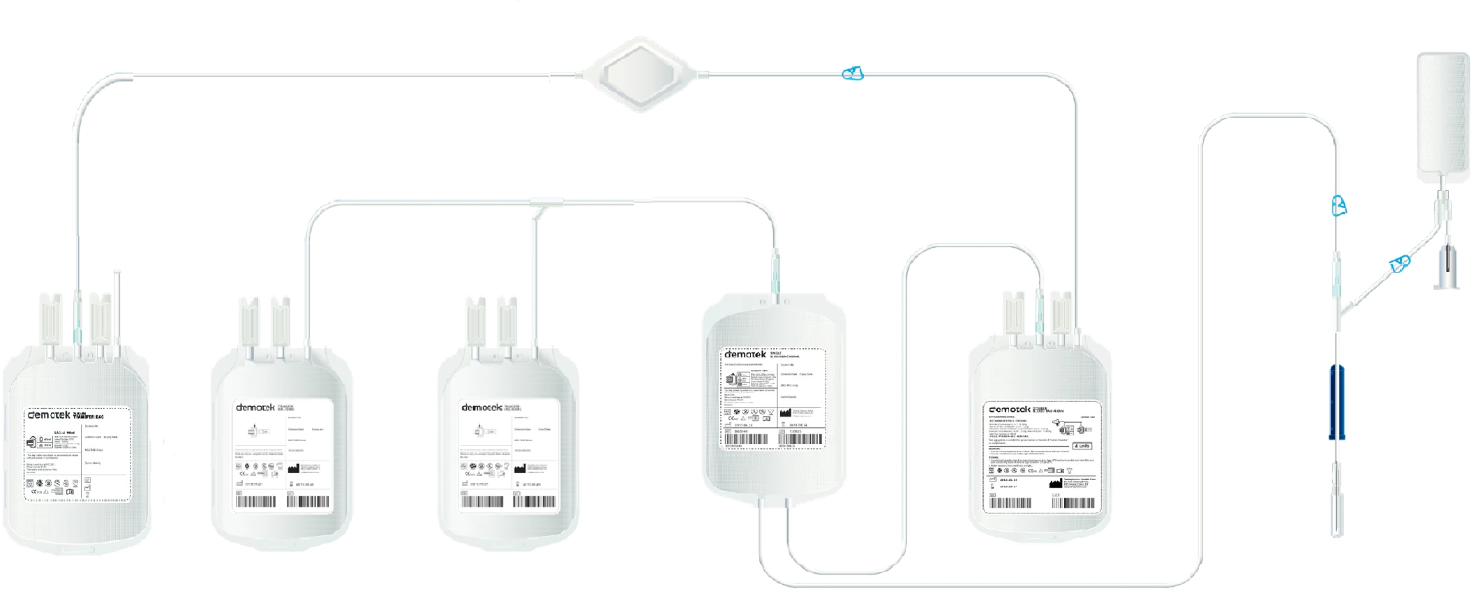 Demotek quintuple top and bottom blood bag set with an in-line red cell filter